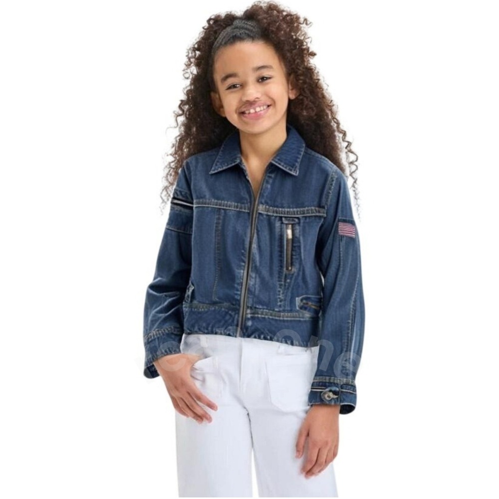 American Girl Kids Youth Floral Embroidered Zip Front Blue Denim Jacket Size XL